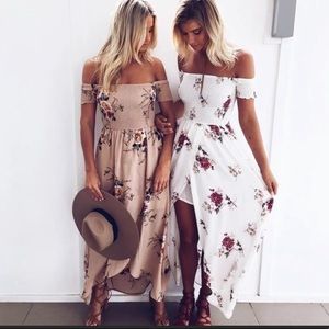 TAN Smocked Floral Off the Shoulder Dress